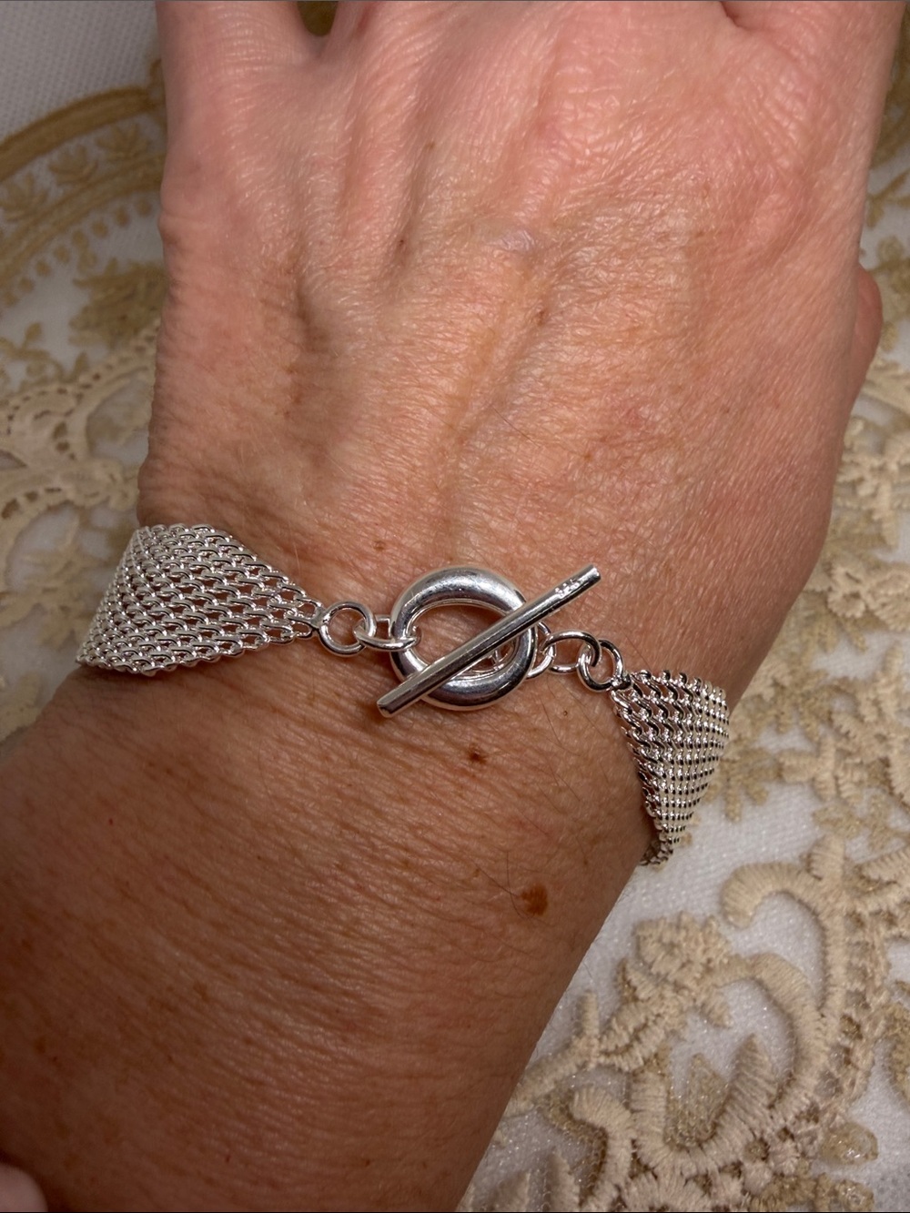 925 Sterling Silver Mesh Bracelet Sculptural Toggle Modernist Statement